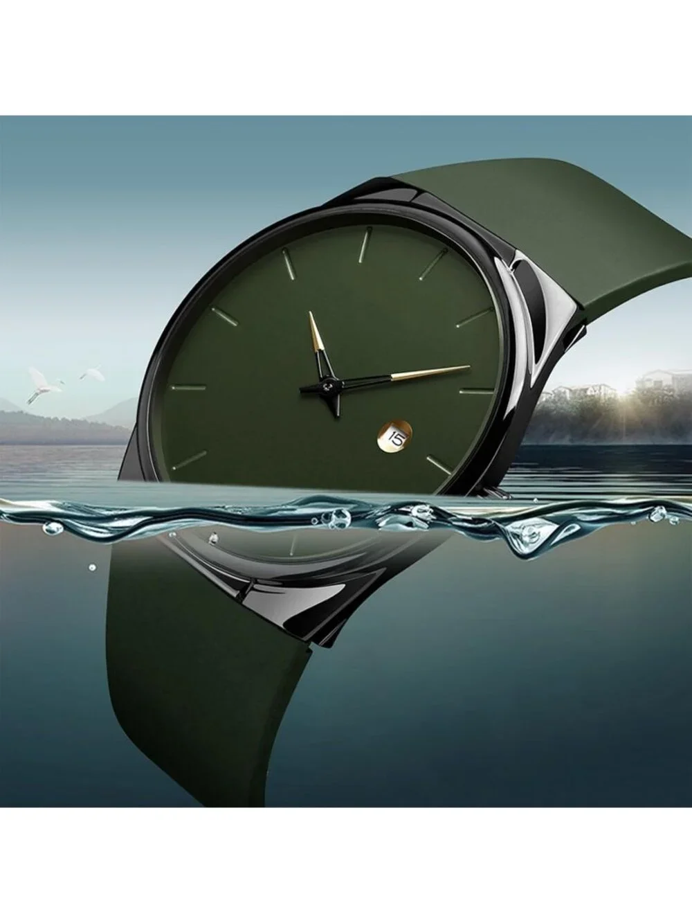 Men's Green Quartz Casual Silicone Strap 30m Water Resistant Sports Wrist Watch